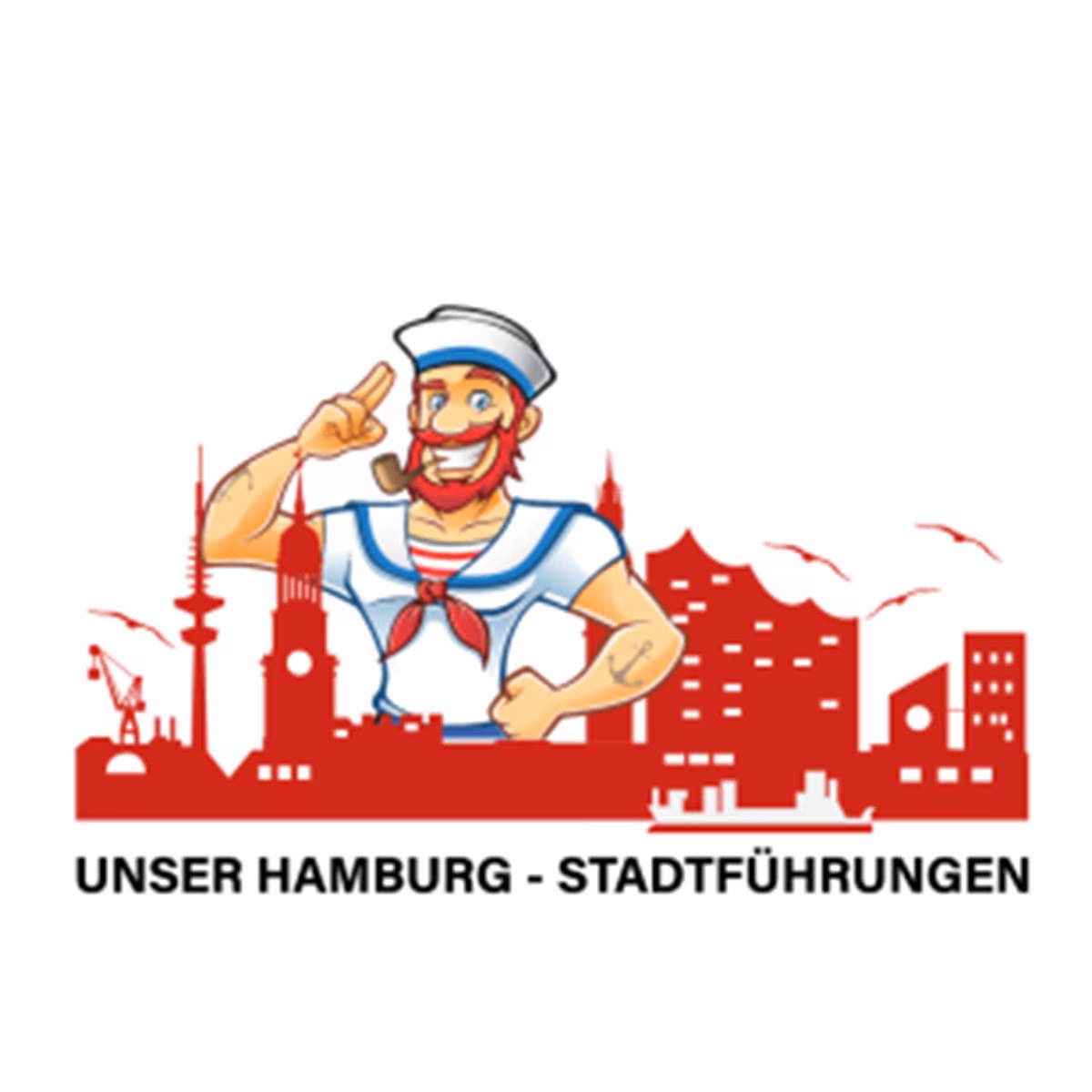Logo von Unser Hamburg – Stadtführungen mit einer Silhouette der Stadt und einem Matrosen