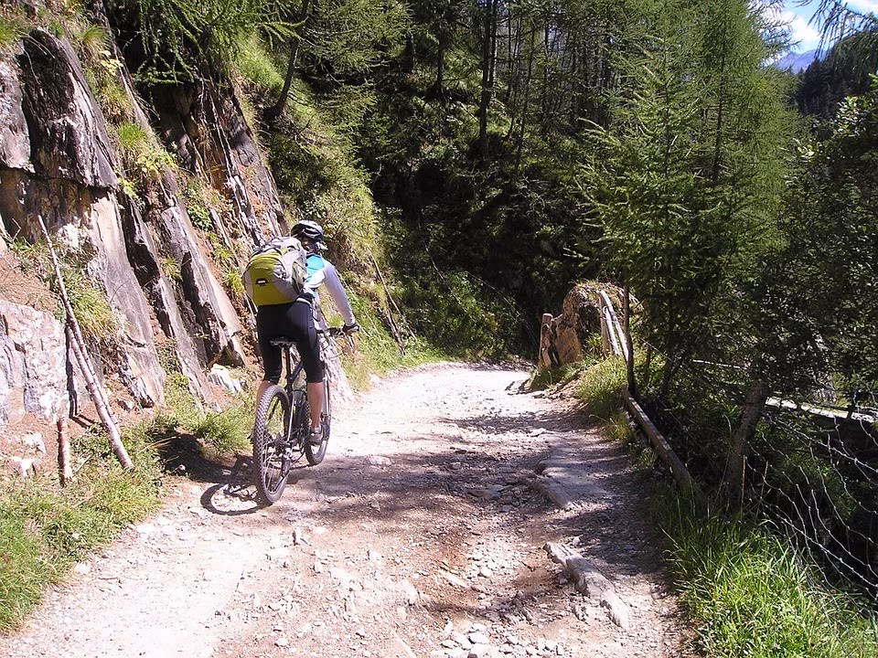 Ein Person fährt Mountainbike auf einem unbefestigten Weg in den Bergen