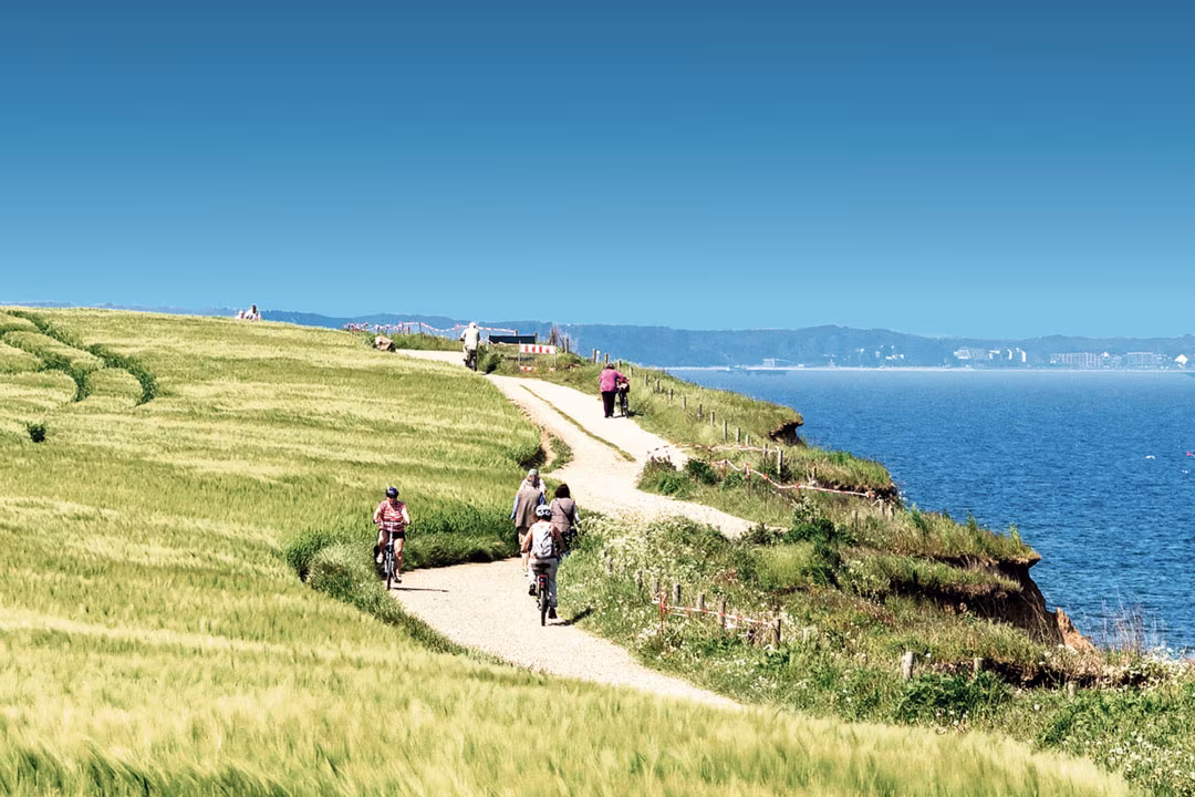 Ein Küstenradweg in der Lübecker Bucht mit vielen Radfaher:innen, daneben grüne Wiesen und die blaue Ostsee.