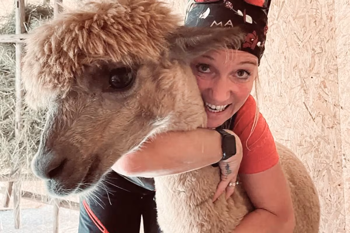 Eine Frau umarmt den Hals eines Alpakas