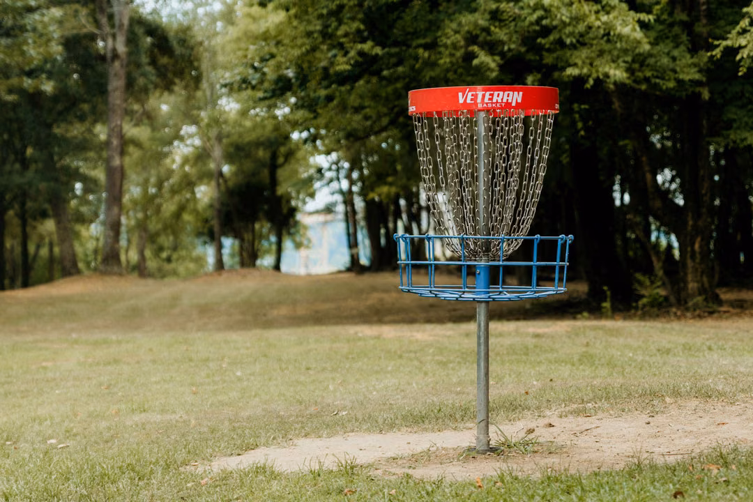 Disc-Golf-Korb mit rotem Rand und Metallketten auf einer Rasenfläche.