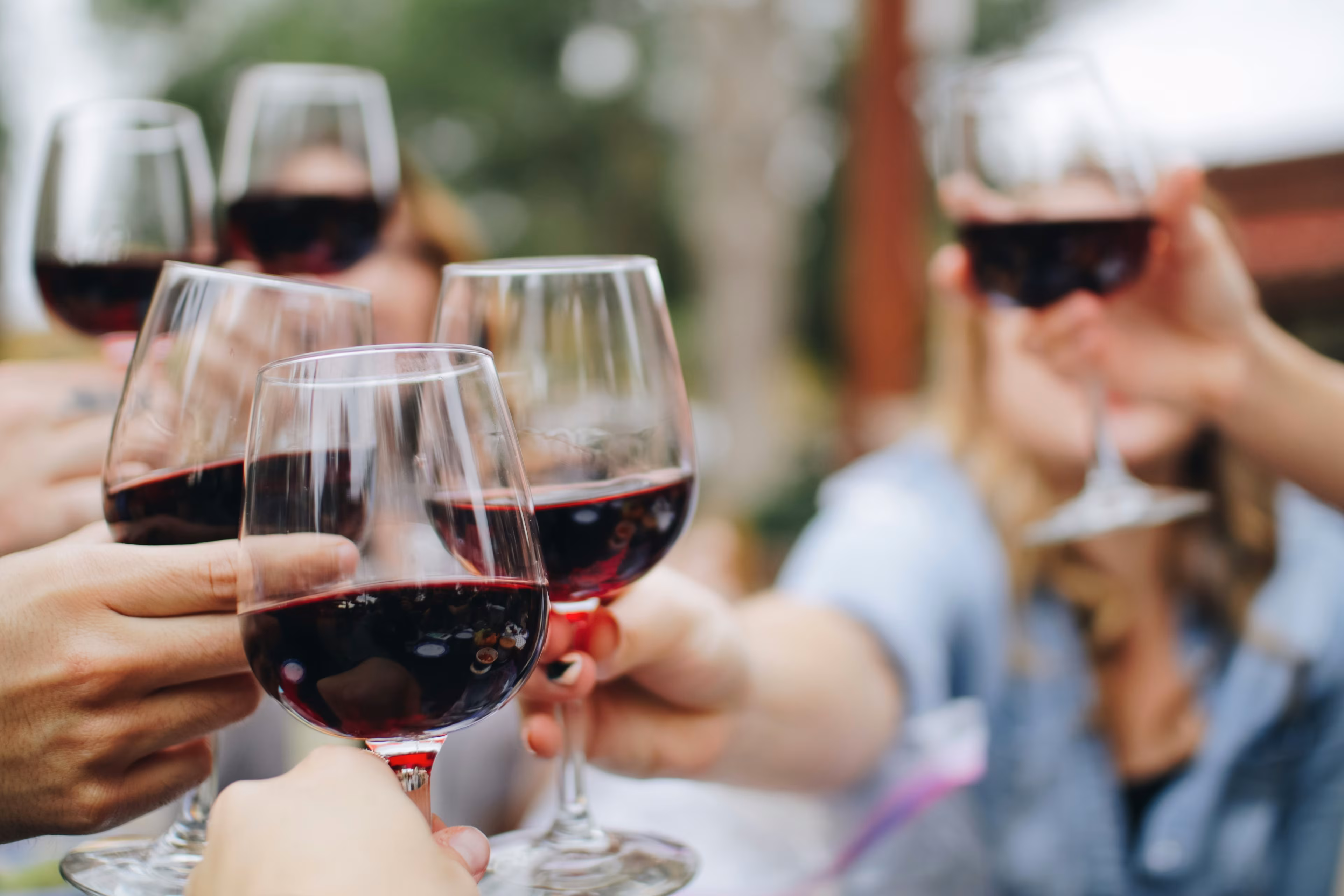 Menschen stoßen bei einer Weinprobe mit Rotwein-Gläsern an