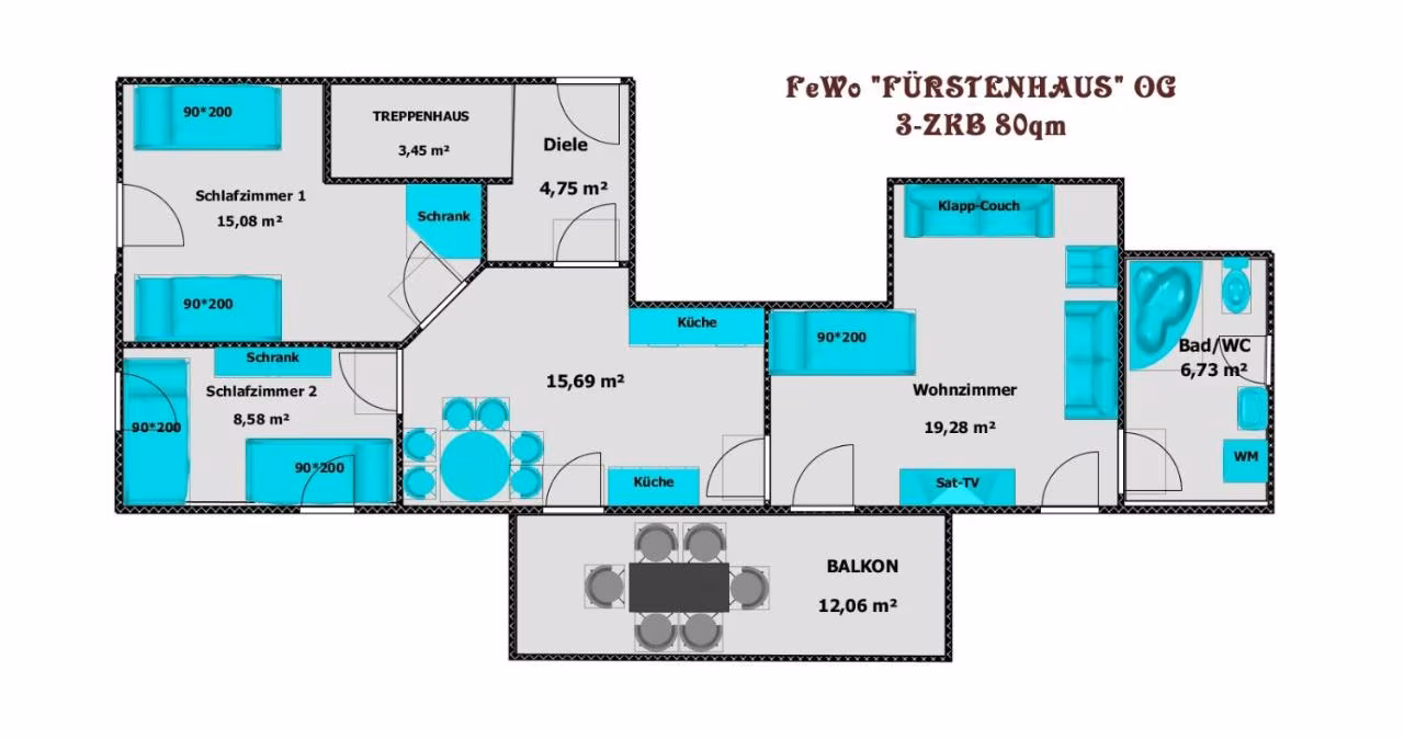 Apartment mit 2 Schlafzimmern und Balkon