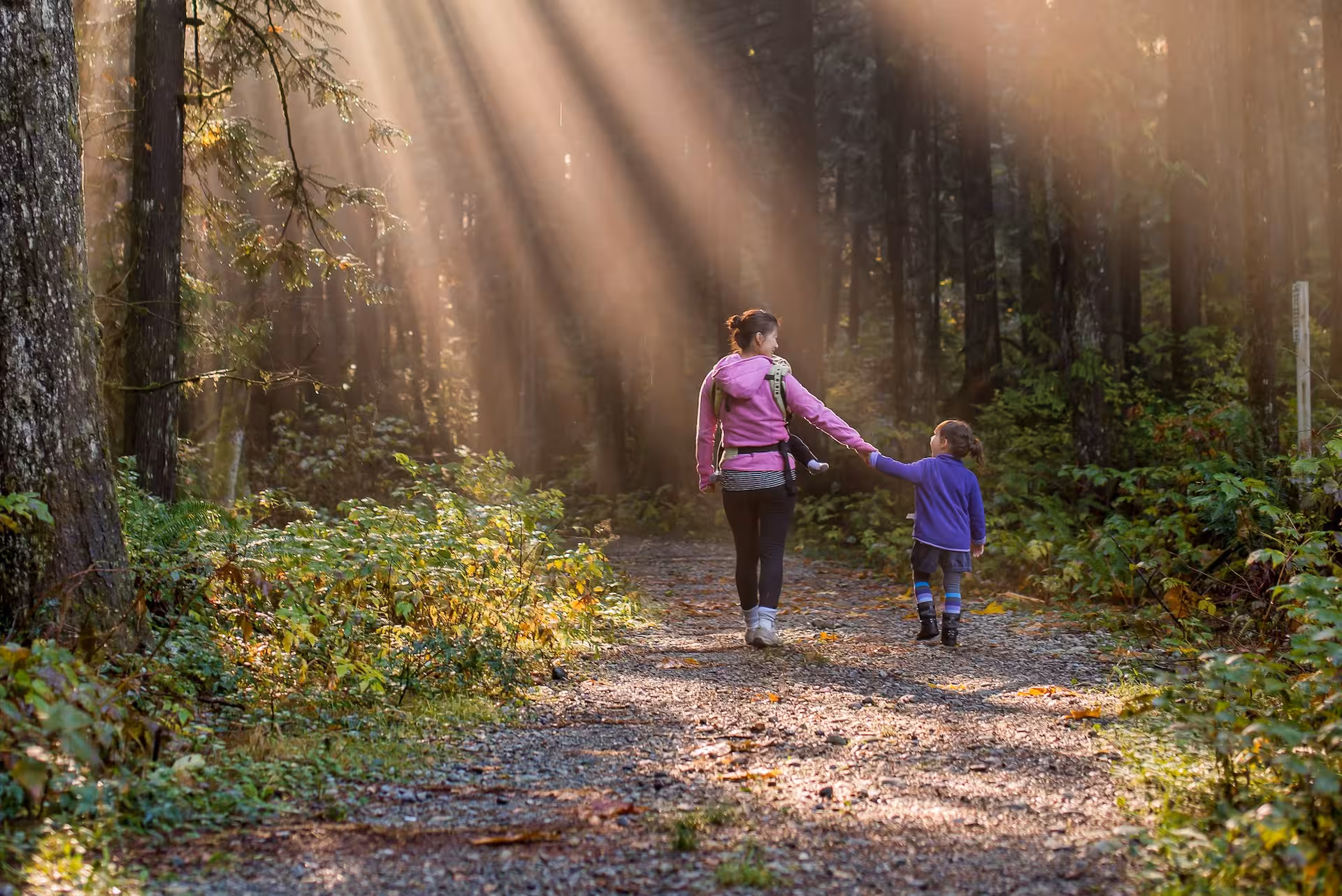 Eine Frau geht mit ihrem Kind im Wald spazieren