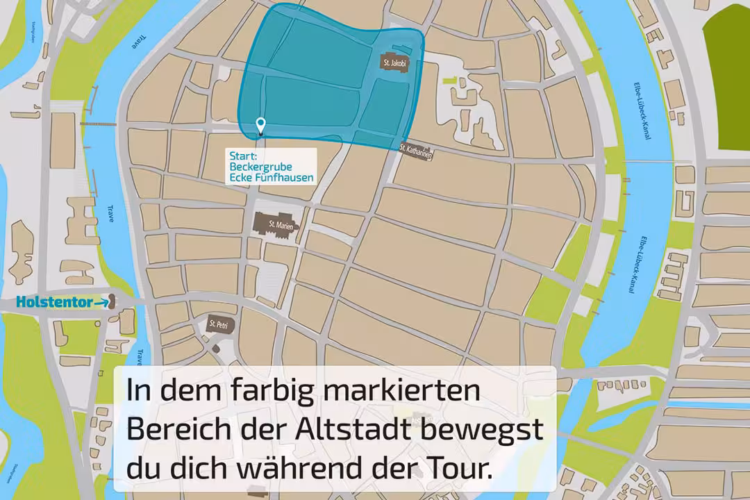 Stadtplan von Lübeck mit markiertem Bereich rund um St. Jakobi, Startpunkt an der Ecke Beckergrube/Fünfhausen.