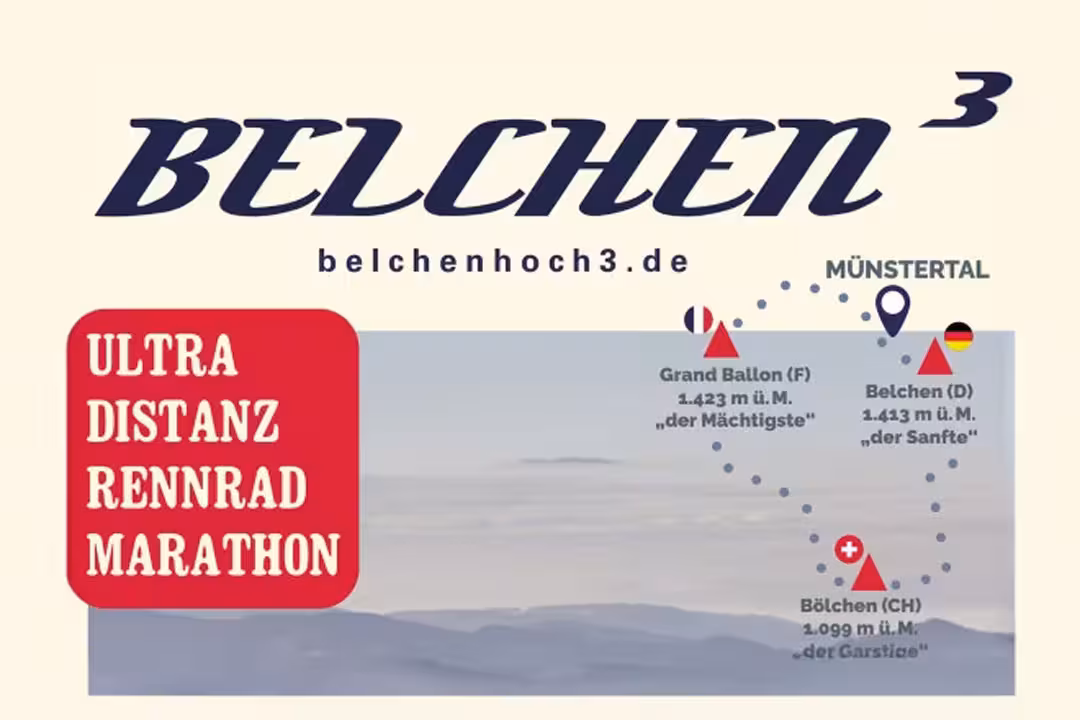 Die Route des Ultra-Distanz-Rennrad-Marathon: Belchen (DE), Grand Ballon (F) und Bölchen (CH).