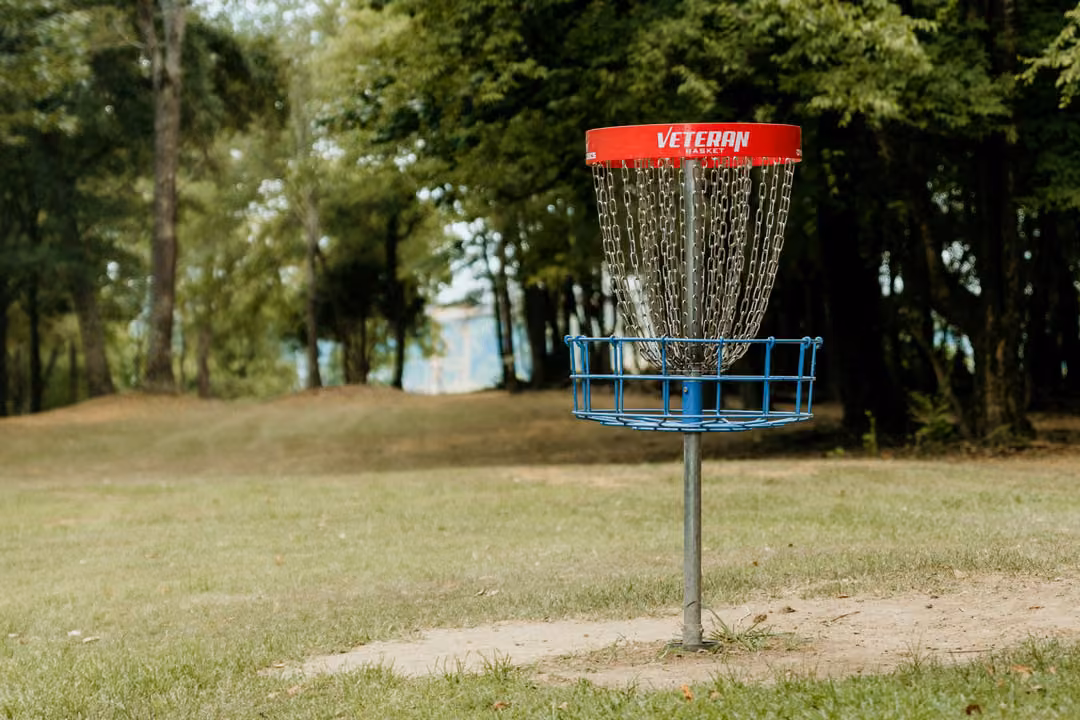Disc-Golf-Korb mit rotem Rand und Metallketten auf einer Rasenfläche.