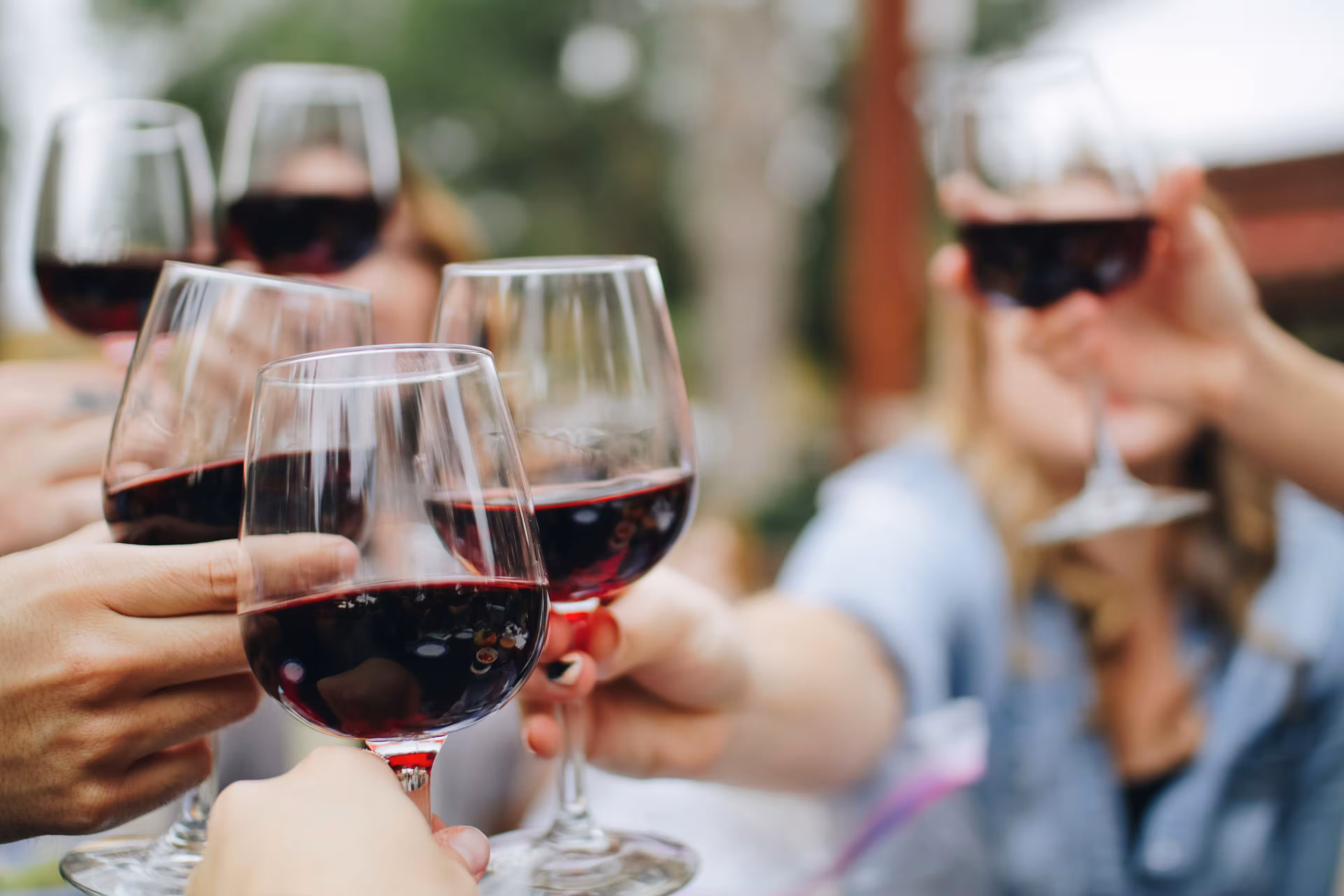 Menschen stoßen bei einer Weinprobe mit Rotwein-Gläsern an