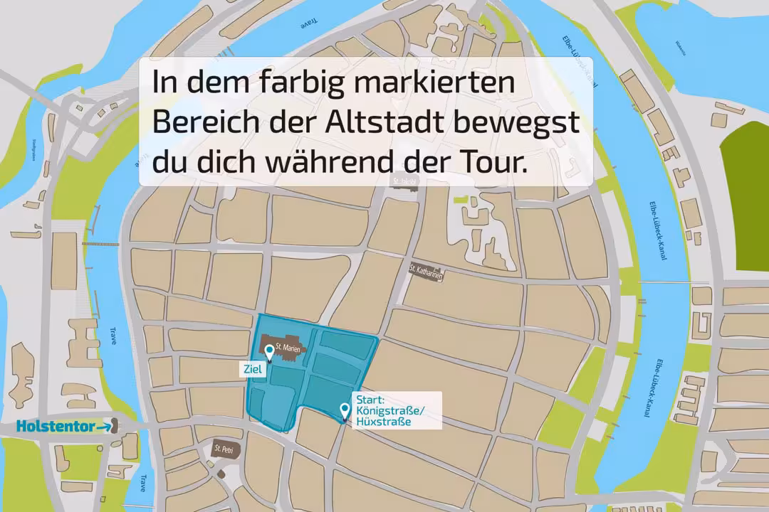 Stadtplan von Lübeck mit markiertem Bereich der St.-Marien-Tour zwischen Königstraße und Huxstraße.