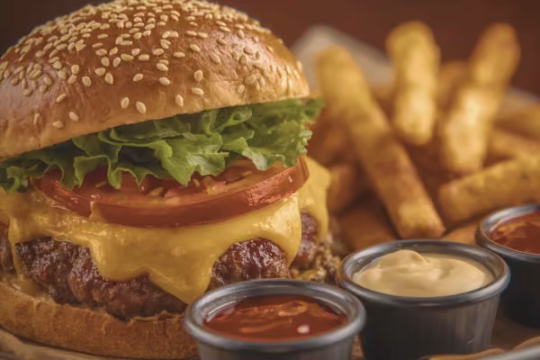 Saftiger Burger und leckere hausgemachte Dips